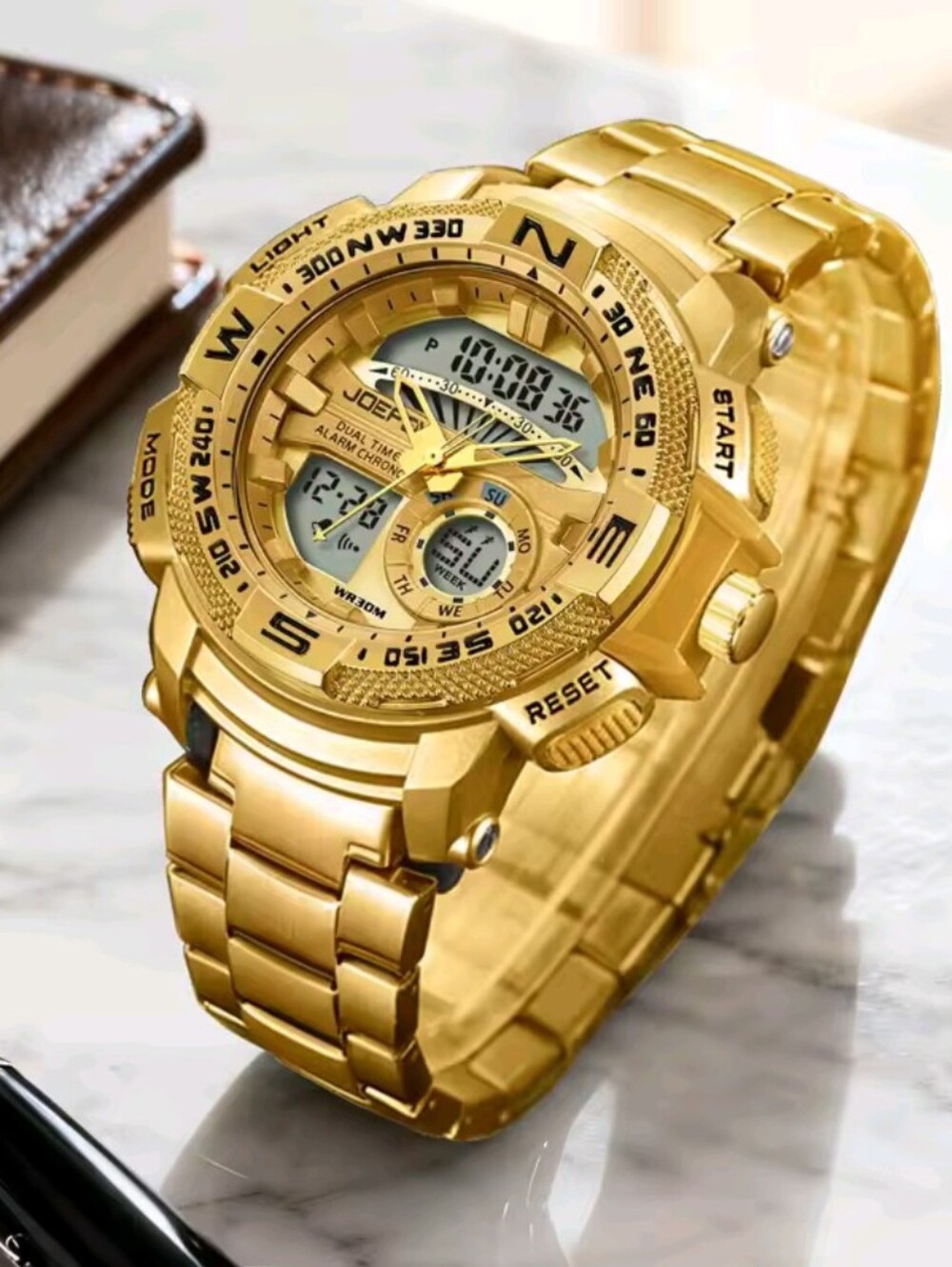Men's Gold Sports Watch Dual Display LED Digital Wristwatch